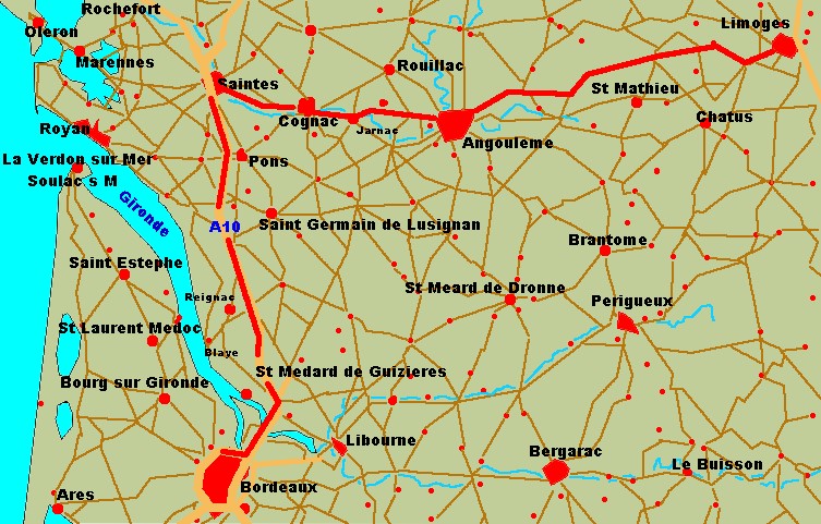 Die Fahrt von Limoges ber Cognac nach Bordeaux